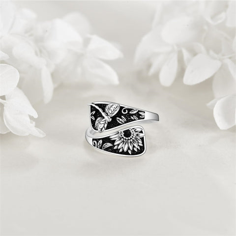 Sterling Silver Sunflower Dragonfly Spoon Ring for Women