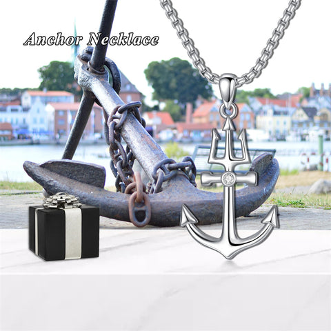 Sterling Silver Earth Swordfish Trident Compass Anchor Pendant Necklace