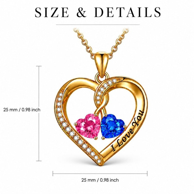 14K Gold Plated Double Heart Birthstone Rose Pendant Necklace for Women