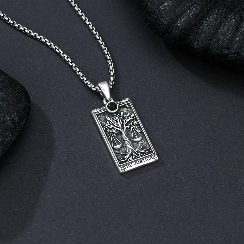 Sterling Silver Obsidian Lover Justice Cat Sun Moon Tarot Card Pendant Necklace