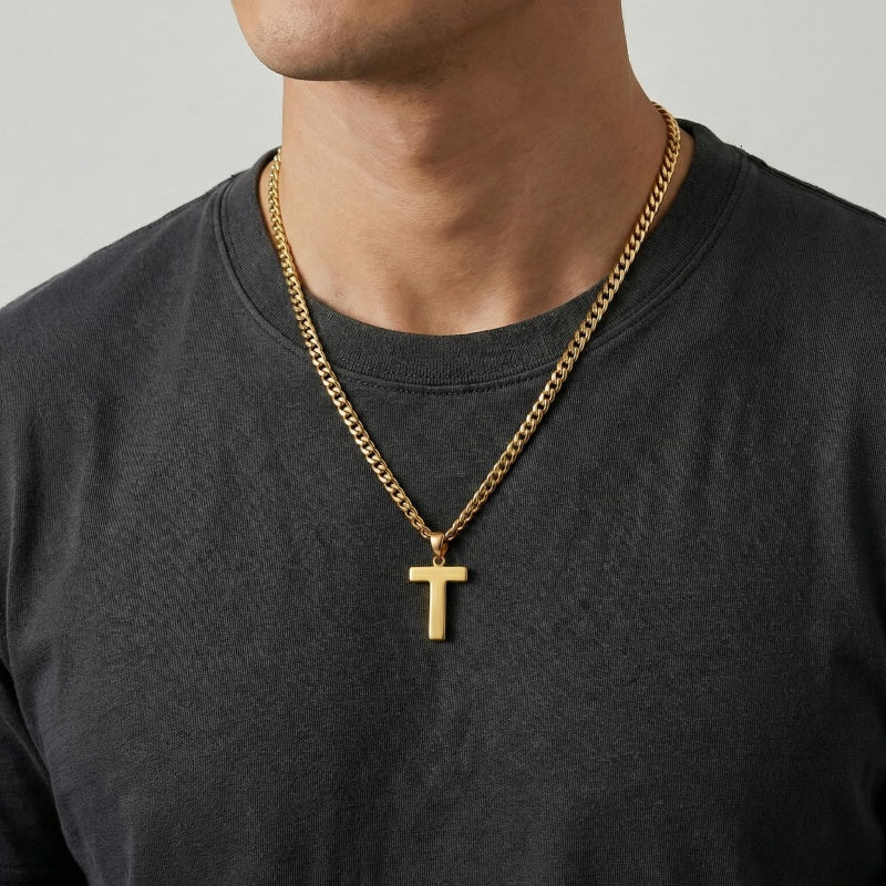 Initial Pendant Necklace 14K Gold Plated with Cuban Chain