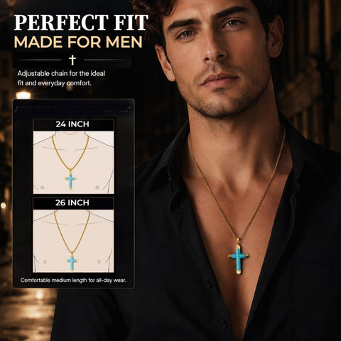 14K Gold Plated Turquoise Lapis Lazuli Cross Necklace for Men with Adjustable Chain