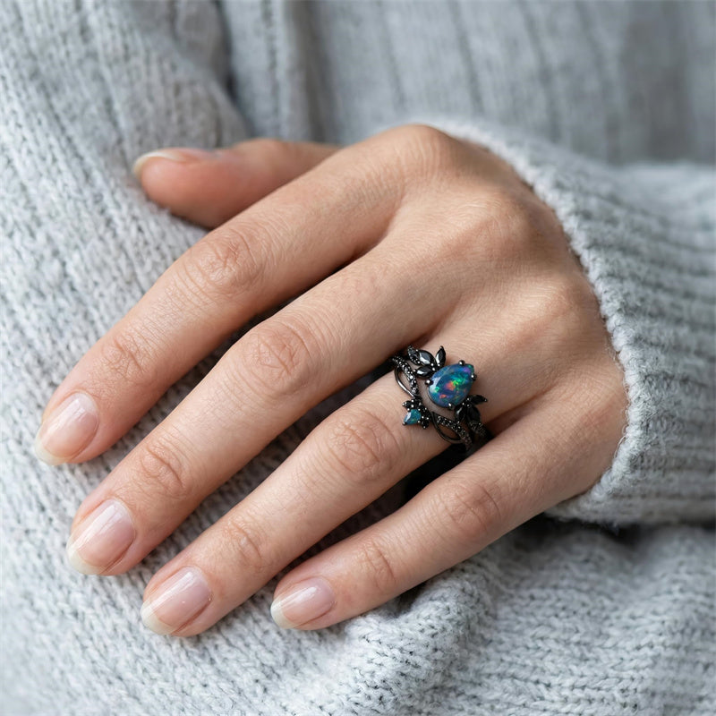 Sterling Silver 10K  14K  18K  Gold Personalized Engraved Black Opal Engagement Wedding Promise Ring for Her