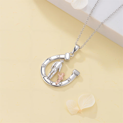 Sterling Silver Father Daughter Western Cowgirl Pendant Necklace