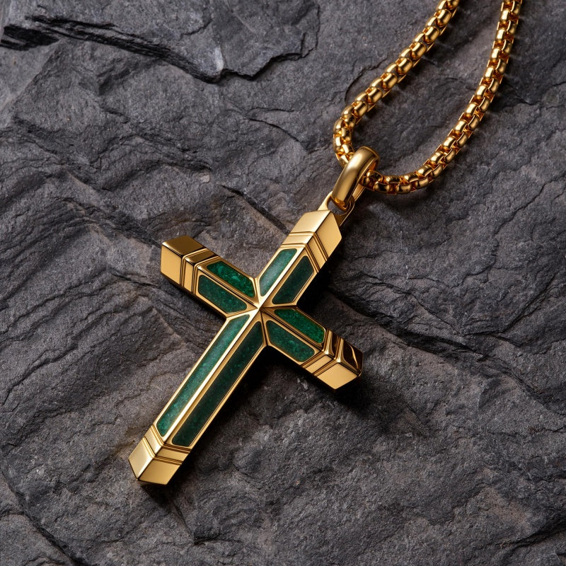 14K Gold Plated Turquoise Malachite Cross Necklace for Men Christianity Cross Jewelry