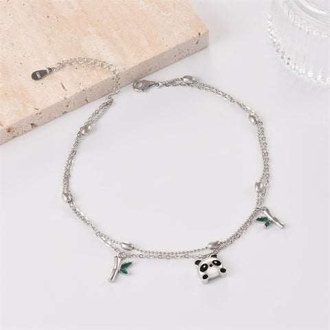 Anklet Bracelets for Women 925 Sterling Silver Panda Double Layer Anklet Adjustable 9 to 10 Inches Flexible Fit Anklets