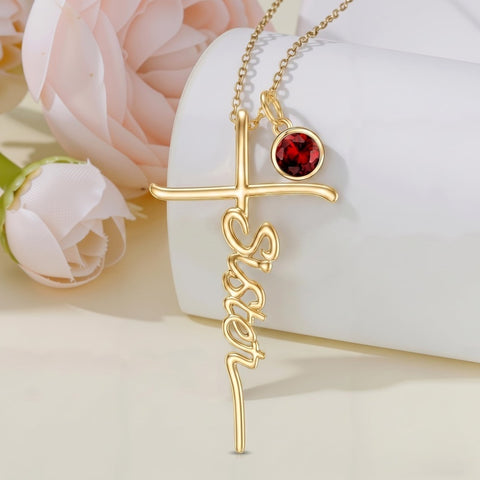 14K Gold Plated Birthstone Sister Cross  Pendant Necklace