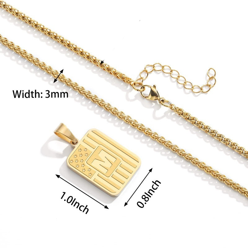 14K Gold Plated  American Flag Initial A-Z Pendant Necklace for Men