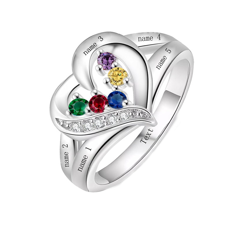 10K 14K 18K Gold Personalized 1-6 Stones Engraved Heart Mother Ring for Mother's Day