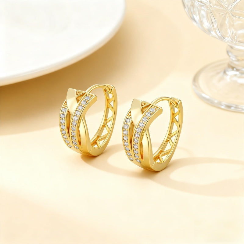 14K Gold Plated Cubic Zirconia X-shaped Thick Small Hoop Earring