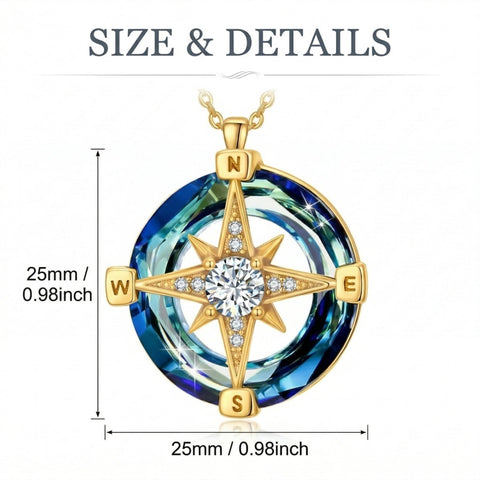 14K Gold Plated Crystal Compass Pendant Necklace Graduation Jewelry Inspirational Travel Valentine's Day Gift