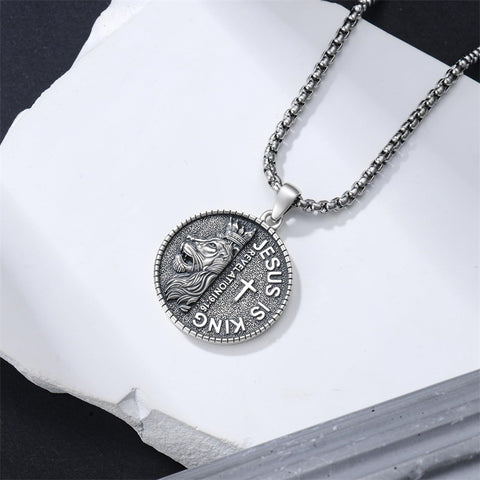 Sterling Silver Faith Bible Lion Pendant Necklace for Men