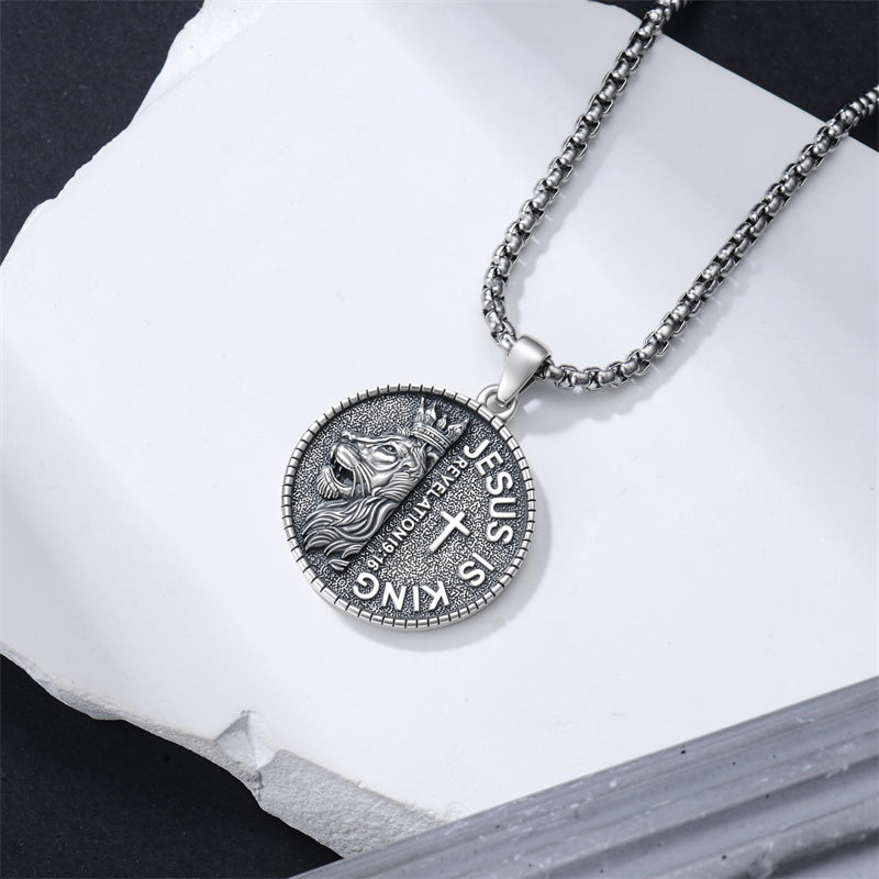 Sterling Silver Faith Bible Lion Pendant Necklace for Men