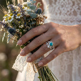 Sterling Silver Personalized Engraved 1-3CT Turquoise Engagement  Wedding Promise Ring Set for Her