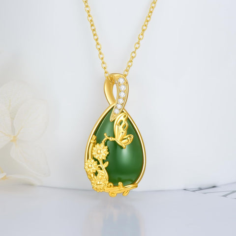 14K Gold Plated Natural Jade Hummingbird Cat Dragonfly Butterfly Bee Pendant Necklace for Women