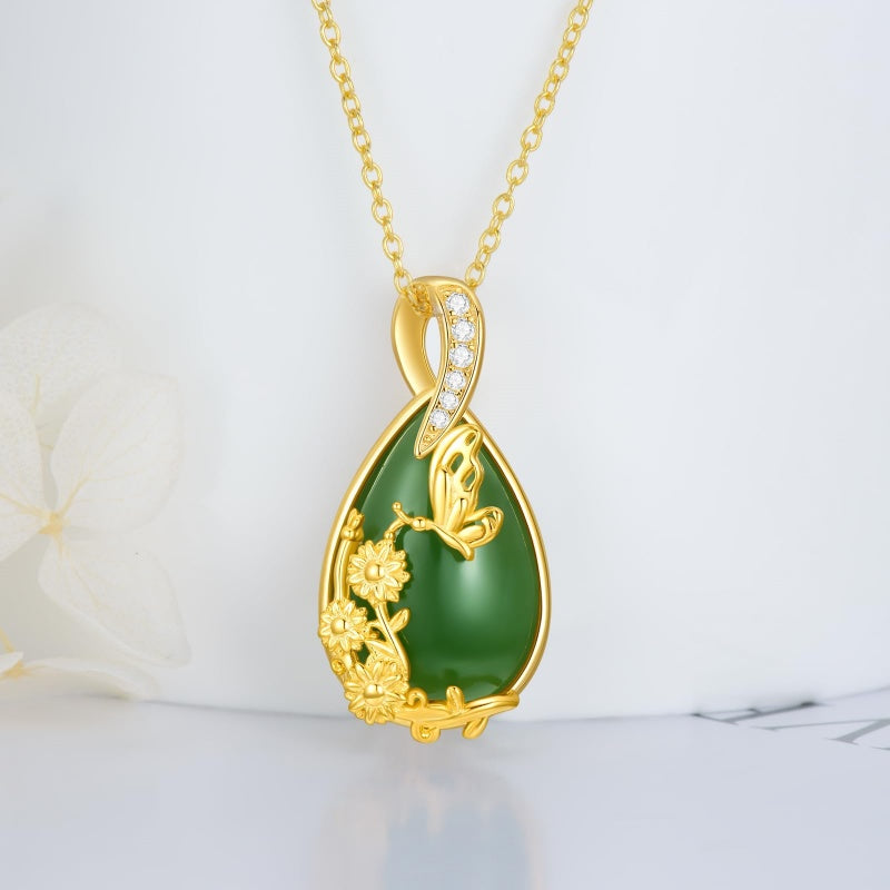 14K Gold Plated Natural Jade Hummingbird Cat Dragonfly Butterfly Bee Pendant Necklace for Women
