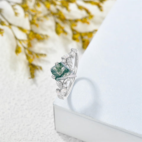 Sterling Silver 10K 14K 18K 2CT Natural Moss Agate Leaf Engagement Wedding Promise Rings Set