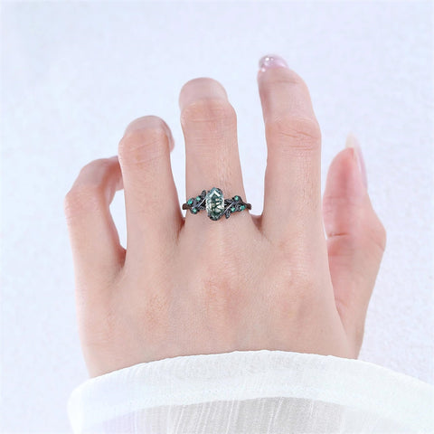 Sterling Silver 10K 14K 18K Gold Natural Leaf  Moss Agate Engagement Anniversary Couple Ring Sets