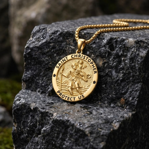 14K Gold Plated Saint Medal Christian  Pendant Necklace for Men
