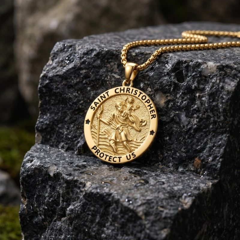 14K Gold Plated Saint Medal Christian  Pendant Necklace for Men