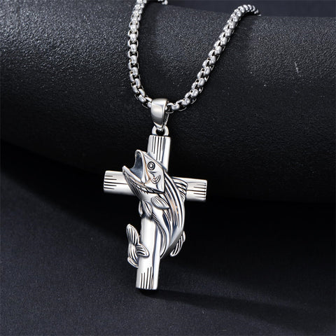 Sterling Silver Bass Fish Cross Pendant  Necklace for Men