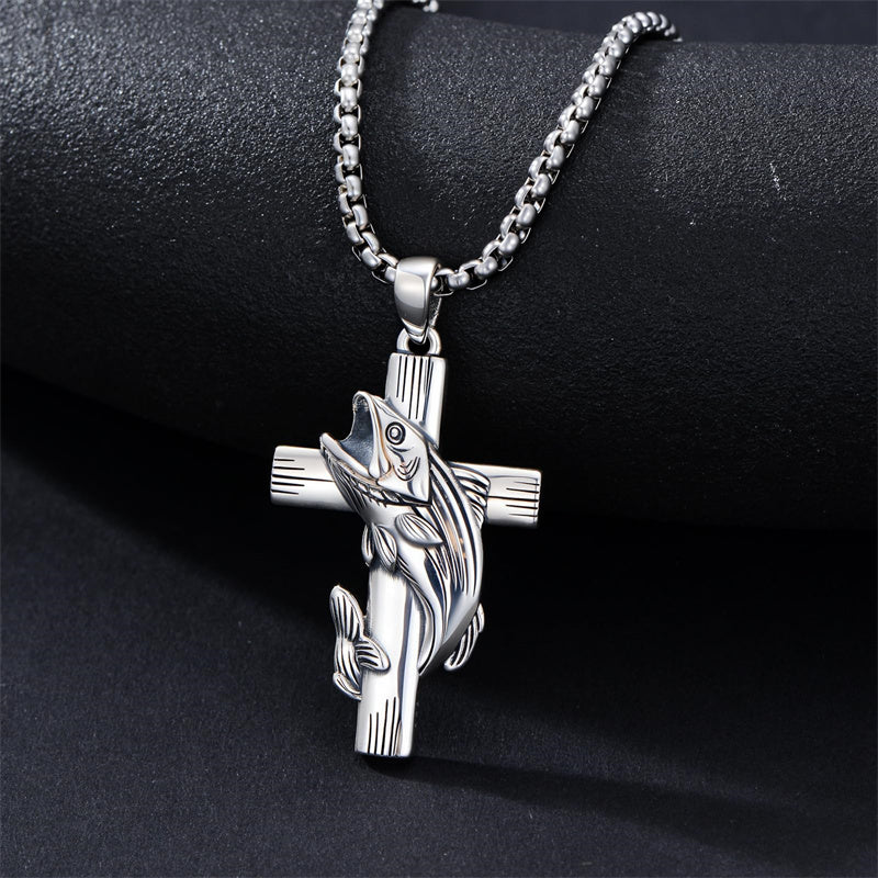 Sterling Silver Bass Fish Cross Pendant  Necklace for Men