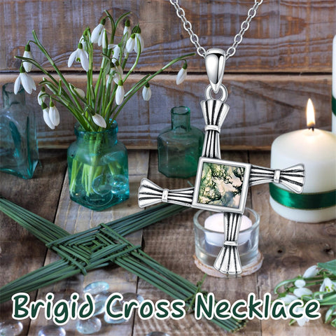 Sterling Silver Moss Agate Abalone Shell St Brigid’s Cross Christian Protection Pendant Necklace