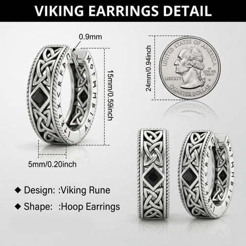 14K Gold Plated  Cubic Zircon Norse Viking Runes Hoop Earrings Viking Jewelry Gift for Men