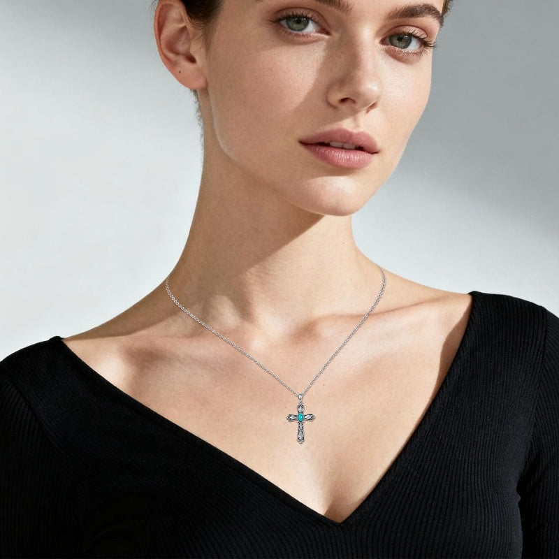 14K Gold Plated Turquoise Cross Pendant Necklace