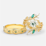 Sterling Silver10K 14K 18K Gold Natural Moss Agate Branch Leafy Engagement Ring Set For Couples