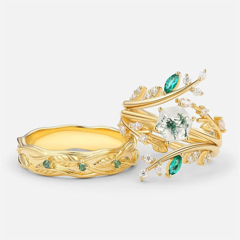 Sterling Silver10K 14K 18K Gold Natural Moss Agate Branch Leafy Engagement Ring Set For Couples