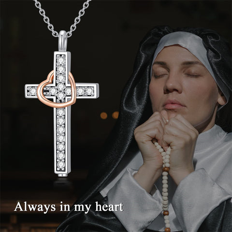 Cross Cremation Jewelry 925 Sterling Silver Urn Necklace Keepsake Ashes Hair Memorial Pendant Always in My Heart Locket for Women