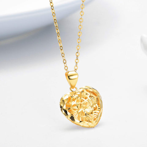 18K Gold Heart Necklace for Women, Yellow Gold Chain with Flower Heart Pendant