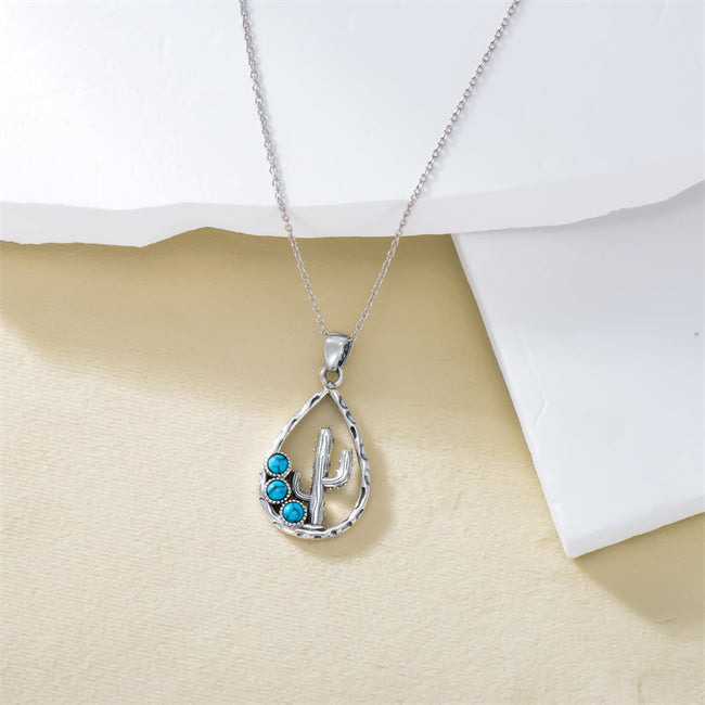 Cactus Turquoise Necklace S925 Sterling Silver Cactus Pendant Western Turquoise Jewelry Birthday Christmas Day Gifts for Women