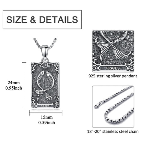 Sterling Silver Tarot Card 12 Zodiac Sign Pendant Necklace