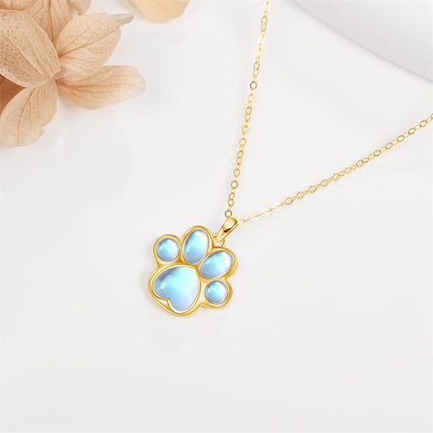 14K Gold Moonstone Dog Paw Pendant Necklace