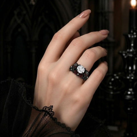 Sterling Silver 10K 14K 18K Gold Moissanite Gothic Black  Engagement Wedding Ring  for Women Halloween Gift