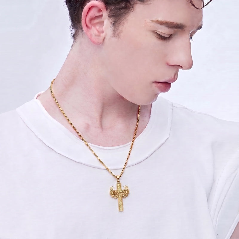 14k Gold Plated Cross Deer Antler Celtic Knot Sword Twisted Rope Cross Pendant Necklace for Men