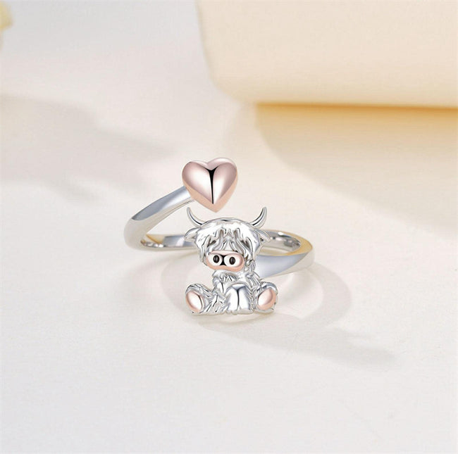 Highland Cow Open Ring 925 Sterling Silver Adjustable Cute Cow Open Rings with Loving Heart Cow Jewelry Gift for Women Girls