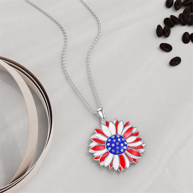American Flag Necklace 925 Sterling Silver Sunflower Flag Pendant Necklace US Flag Patriotic Necklace Jewelry Independence Day Gifts for Women Teens