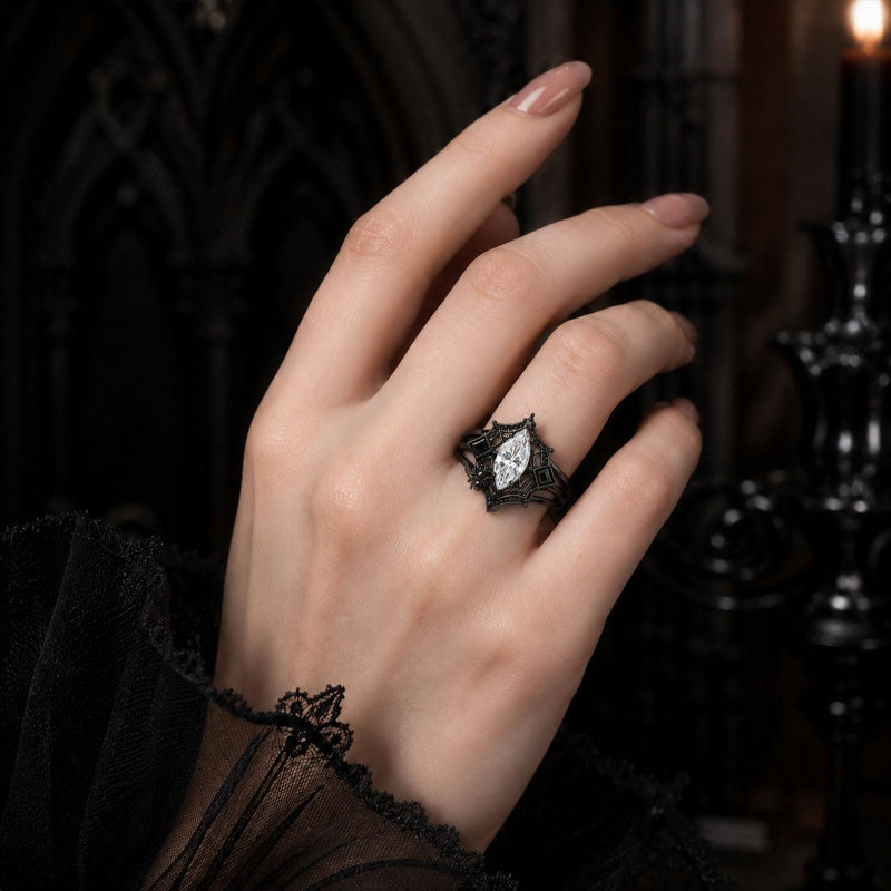 Sterling Silver 10K 14K 18K Gold Moissanite Gothic Black  Engagement Wedding Ring  for Women Halloween Gift