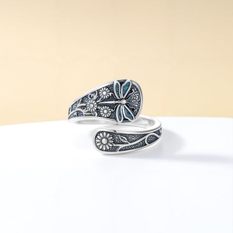 Sterling Silver Turquoise Hummingbird Butterfly Sunflower Adjustable Spoon Ring
