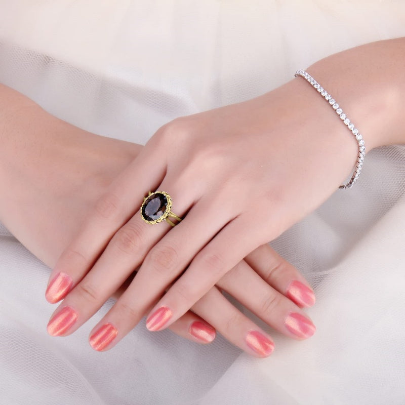 14K Gold Plated  Oval Shape 3.7CT Genuine Smoky Quartz Cocktail Rings for Her