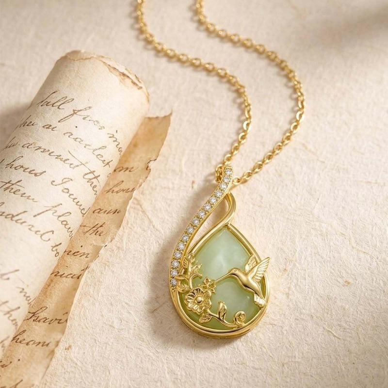 14K Gold Plated Jade Hummingbird Butterfly Dragonfly Turtle Animal Pendant Necklace