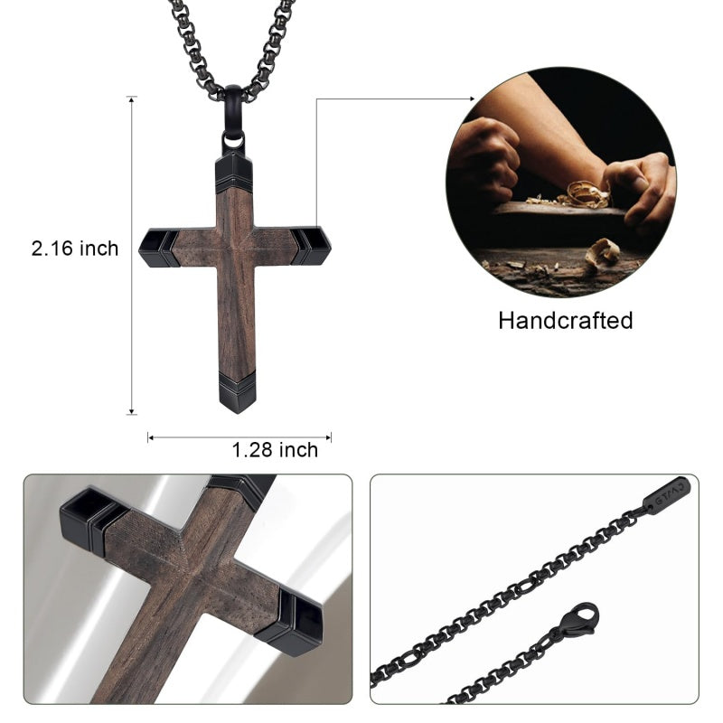 14K Gold  Plated Wooden Cross Crucifix Pendant Necklace for Men