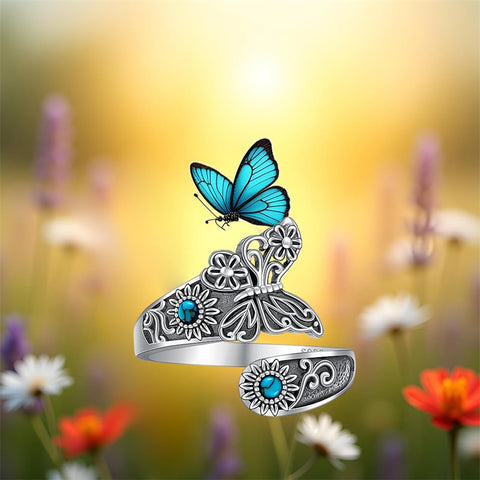 Sterling Silver Turquoise Butterfly Open Adjustable Spoon Ring