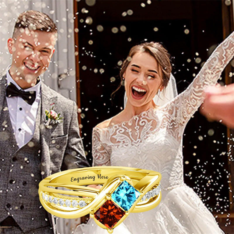 10K 14K 18K Gold Personalized 2 Birthstones Engraved Ring Mother's Day Gift