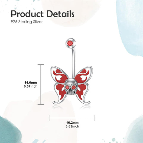 Sterling Silver Cubic Zircon Skull Butterfly Belly Button Ring for Women