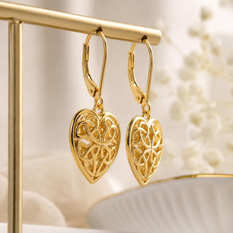 14K Gold Plated Celtic Knot Openwork Heart Leverback Earrings Christmas Birthday Gift