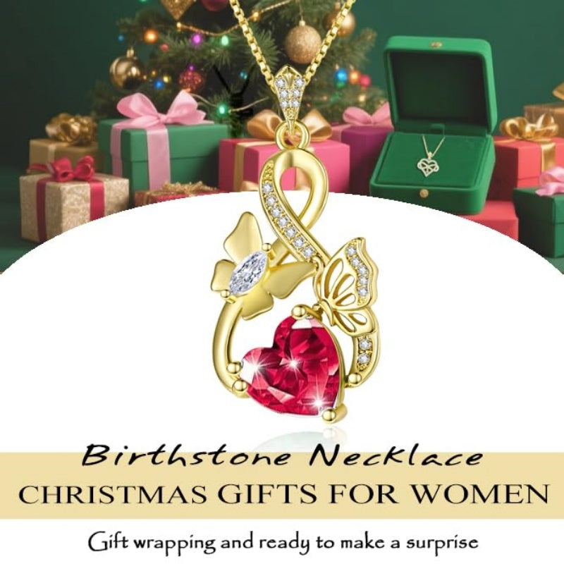 Heart Birthstone 14K  Gold Plated Butterfly Pendant Necklace for Women